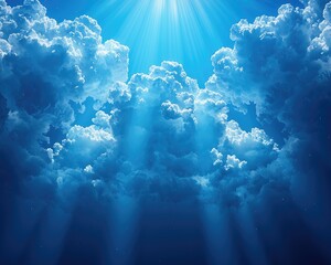 Ethereal cloudscape with sunlight rays illuminating the sky, serene atmosphere