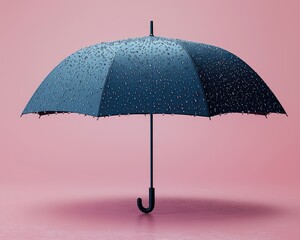 A vibrant blue umbrella with raindrops stands against a pink backdrop, showcasing a playful contrast