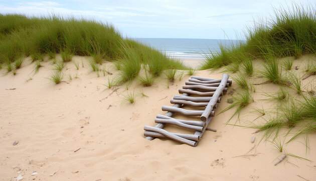 Peaceful staircase built from driftwood, leading from a sandy beach up a grassy dune toward a quiet ocean view 2 - Powered by Adobe