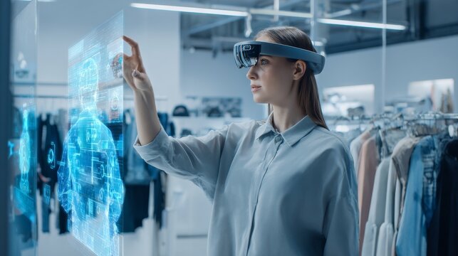 Woman in futuristic augmented reality glasses interacts with holographic blue interface in modern clothing store, focused expression, high-tech ambiance, soft lighting.