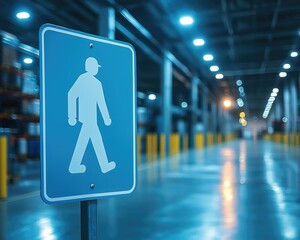 Blue pedestrian sign in a spacious industrial warehouse with bright lighting