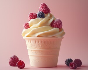 Delicious soft serve ice cream topped with fresh raspberries and blackberries