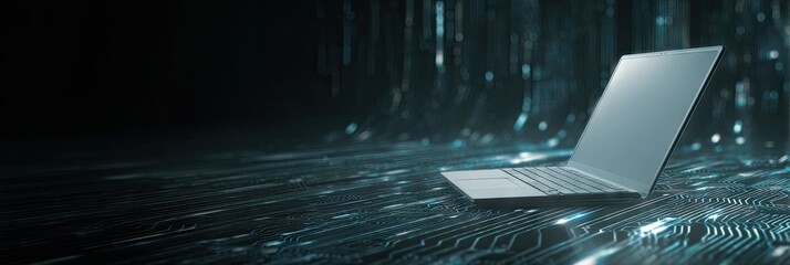 Sleek silver laptop rests on a glowing, abstract circuit board backdrop, suggesting digital technology and connectivity