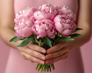 Woman holding a bouquet of pink peonies against a soft pink background