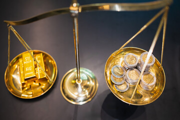 Gold and Coins stack with balance scale. Money management, financial plan, time value of money, Gold value and Creative ideas for saving money concept. 