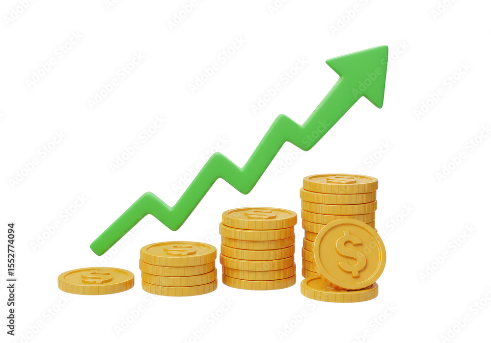 Poster 3d icon of coins with upward arrow showing growth isolated on transparent background