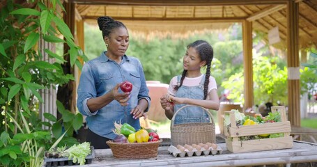 african adult female teacher explains vegetable names to multiracial teenage girl student while showing produce on wooden table during slowmotion organic farming class - Powered by Adobe