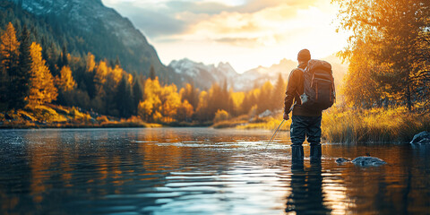 A lone fisherman stands in a mountain lake during a breathtaking sunset. .