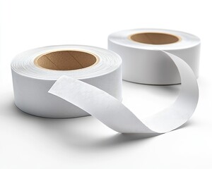 Rolls of white adhesive tape with one partially unrolled on a clean surface