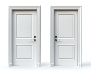 Two identical white doors with elegant frames, set against a simple backdrop
