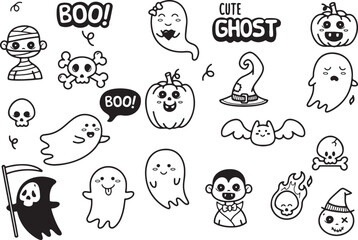 Halloween Cute Ghosts Doodle Set – Boo, Cartoon, Spooky, Kids, Party, Costume