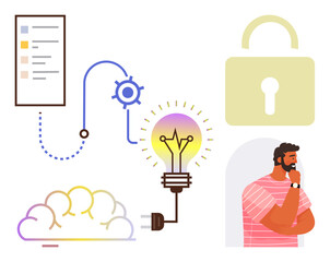 Cloud connection links to a glowing lightbulb, depicting innovation and security. A thoughtful man, keypad, and gear symbolize creativity. Ideal for data security, technology, brainstorming