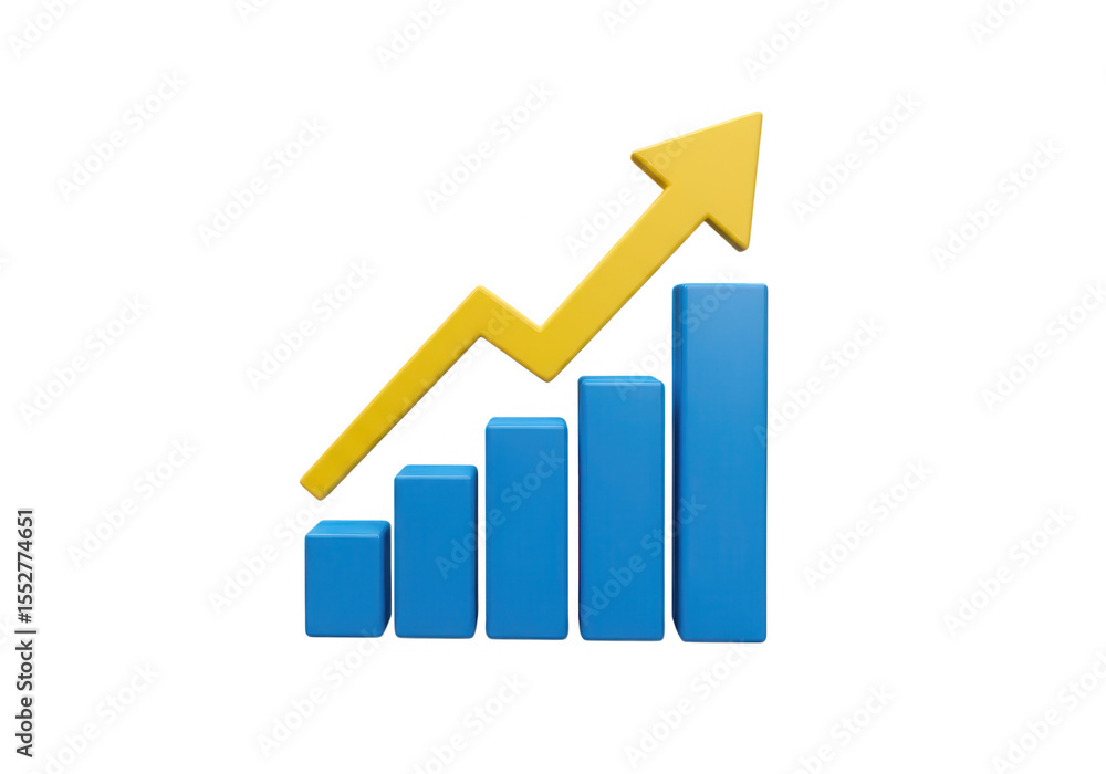 Aufkleber 3d icon of blue bar graph with a yellow arrow pointing upwards isolated on transparent background