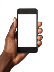 Person holding smartphone with blank screen against white background