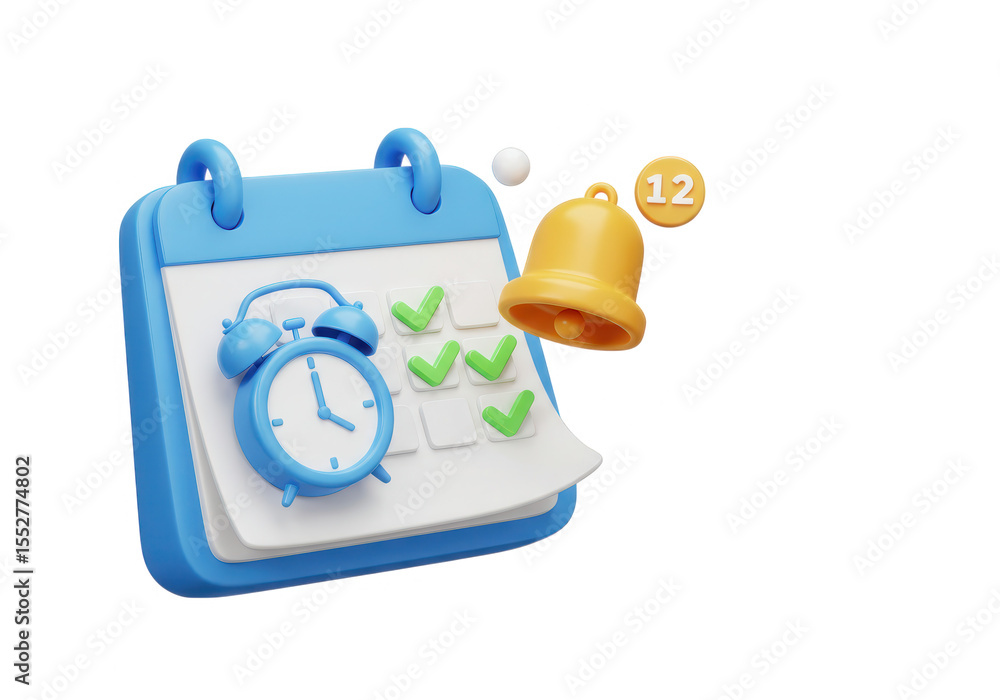Poster 3d icon of calendar with alarm clock and notification bell isolated on transparent background