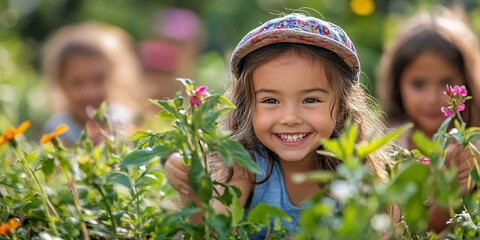 A cheerful girl smiles while playing in a vibrant garden full of colorful flowers.