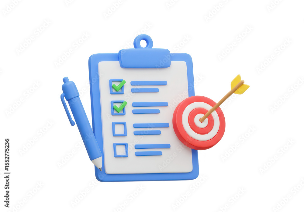 Poster 3d icon of clipboard with checklist and target with arrow isolated on transparent background