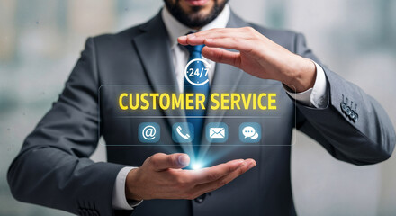 A businessman presents a digital interface showcasing 24/7 customer service options, including email, phone, and chat support