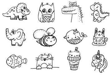 set of hand drawn scribble animal icons on the white background
