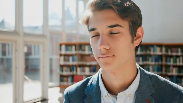  young man is sitting alone in a quiet, historic library.The environment is filled with tall bookshelves stocked with books, large windows letting in soft, natural light, 