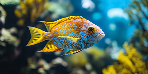A stunning close-up of a yellow and blue tropical fish swimming in a vibrant aquarium environment.