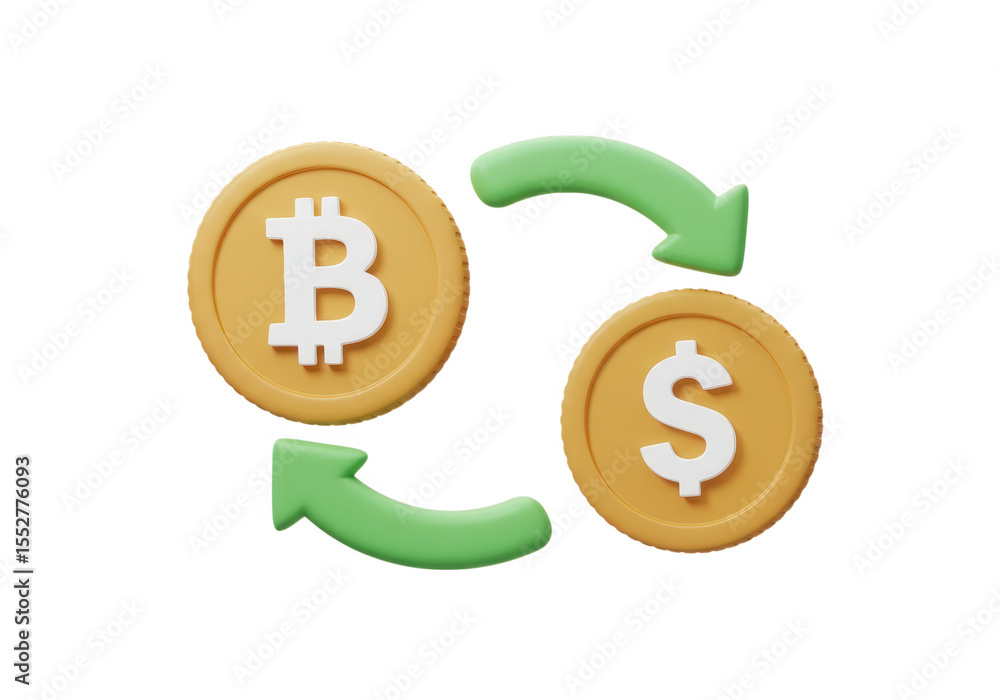 Poster 3d icon of bitcoin and dollar exchange with arrows isolated on transparent background