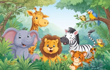 Cartoon jungle animals in lush foliage
