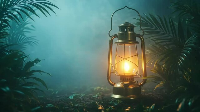 Vintage lantern glowing softly in a misty jungle setting, surrounded by lush green foliage at dusk