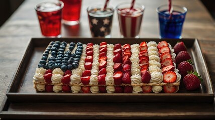 American flag cake with blueberries strawberries and whipped cream on a wooden tray with drinks