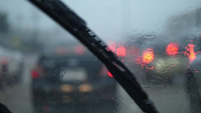 Windshield wipers in action during heavy rain driving, viewed from inside the car