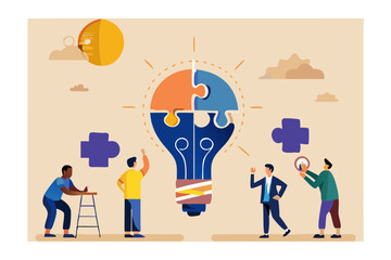 Diverse team collaborates to build a bright idea lightbulb puzzle