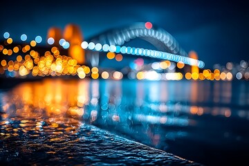 City lights reflecting on water at night