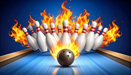 Bowling ball on fire with striking pins.
