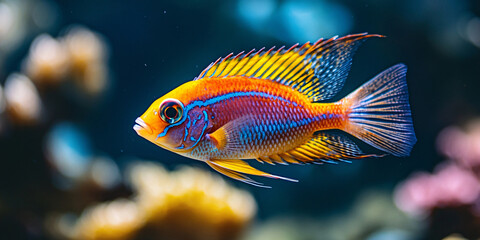 A vibrant tropical fish swims in a colorful aquarium.