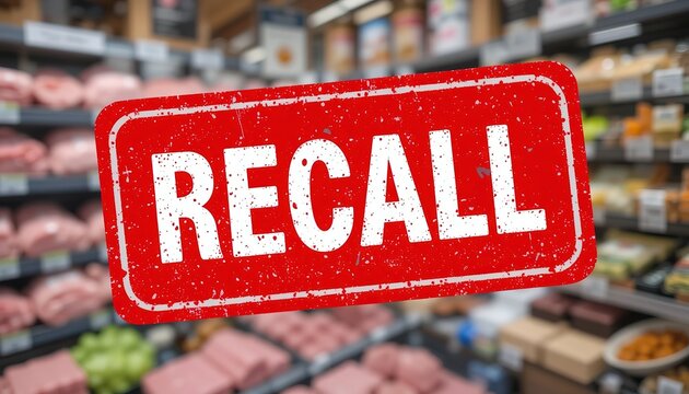 Red recall sign over blurred display vegetarian meat products in store. Food safety concept. Consumer protection, product defect health risk warning. Recall event, faulty product, 8k resolution
