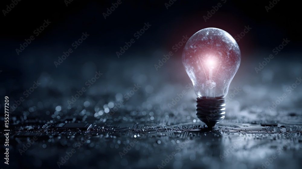 Poster glowing bulb surrounded by digital circuits an idea tech concept