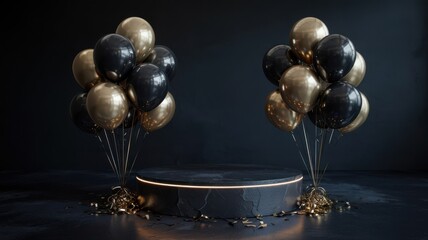 Elegant black and gold balloons adorn a luxurious podium with confetti