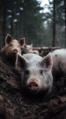 Pigs resting in a muddy pen with trees in the background
