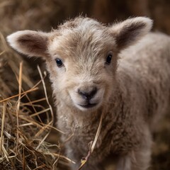 Fototapeta premium A curious lamb looking towards the amid hay