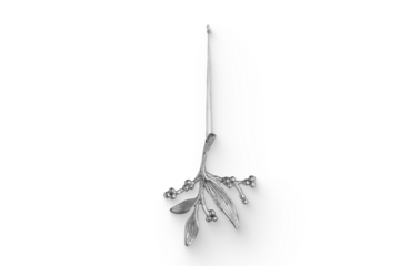 A delicate silver pendant designed to resemble a sprig with leaves and berries, suitable for jewelry wear.