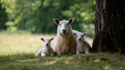 Fototapeta premium Sheep family resting in peaceful meadow under tree shade