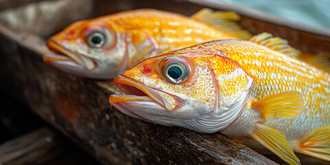 Two freshly caught yellow fish rest on dark wood. Close-up shot highlighting texture and color.
