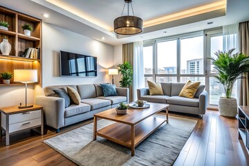 Living room with a large window and a chandelier