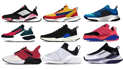 Illustration of cartoon shoes showing colorful sneakers over white background