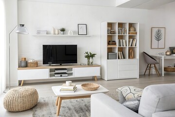 Living room with a white couch, a coffee table, and a television
