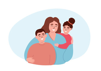 Mother with children together, hugs them, rejoice. Happy family with son and daughter. Vector flat graphics.