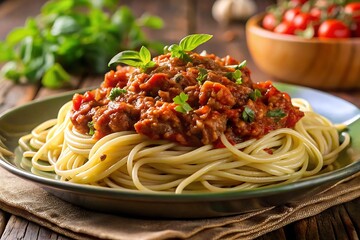 Plate of spaghetti with meat sauce and basil
