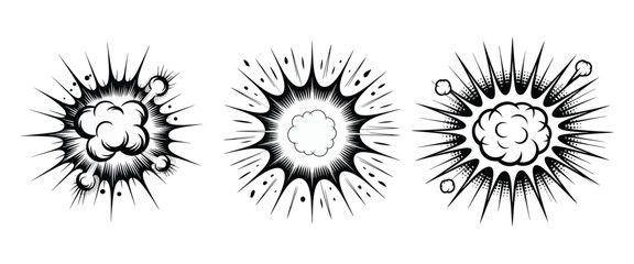 Set of two hand-drawn bomb explosions, a powerful black and white illustration of war on white background