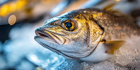 A detailed macro shot of a fresh fish on ice. The fish's scales and details are clearly visible