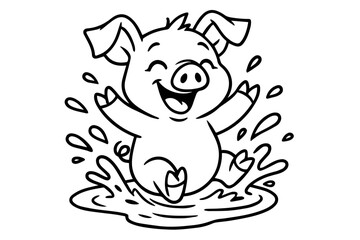 Happy Cartoon Piglet Splashing in Mud Puddle Isolated Vector Coloring Page